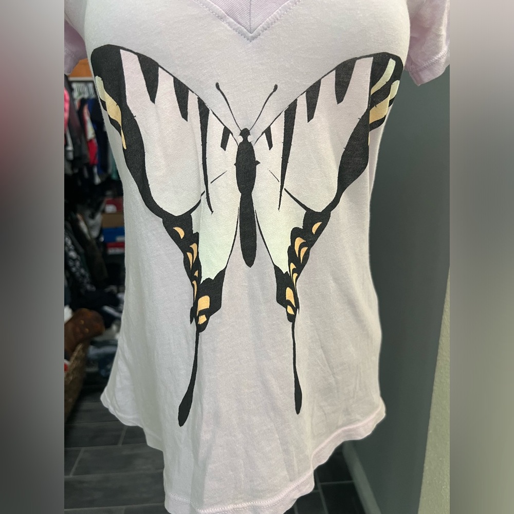 Wildfox Light Purple Butterfly V-Neck Short Sleeve Top - Picture 2 of 7